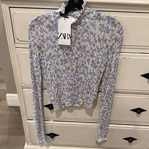 Zara Women's Blue and Brown Textured Blouse